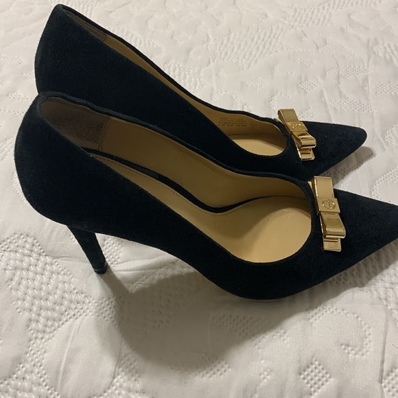 Michael Kors Black Suede Pumps with Gold Accents - Picture 3 of 12
